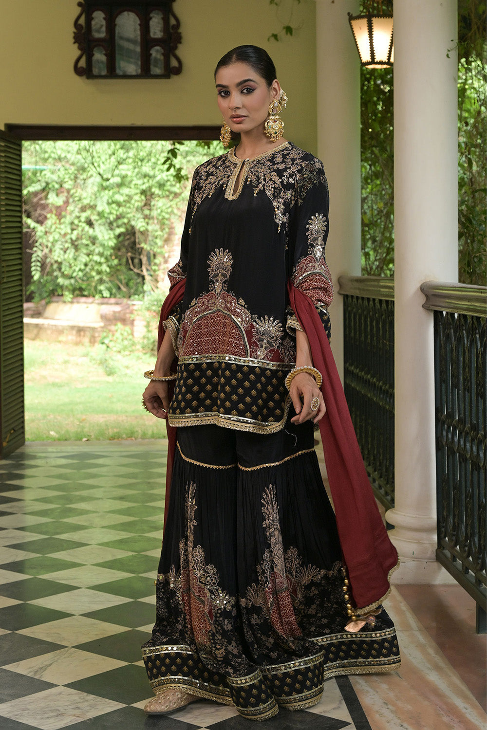 Black Crepe Sharara Suit With Maroon Embroidered Dupatta And Borders