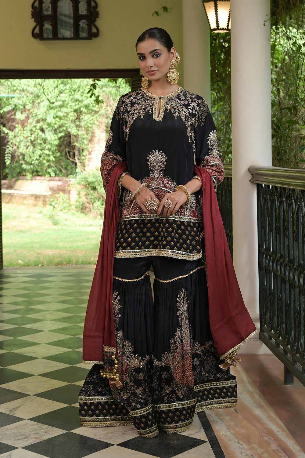 Black Crepe Sharara Suit With Maroon Embroidered Dupatta And Borders