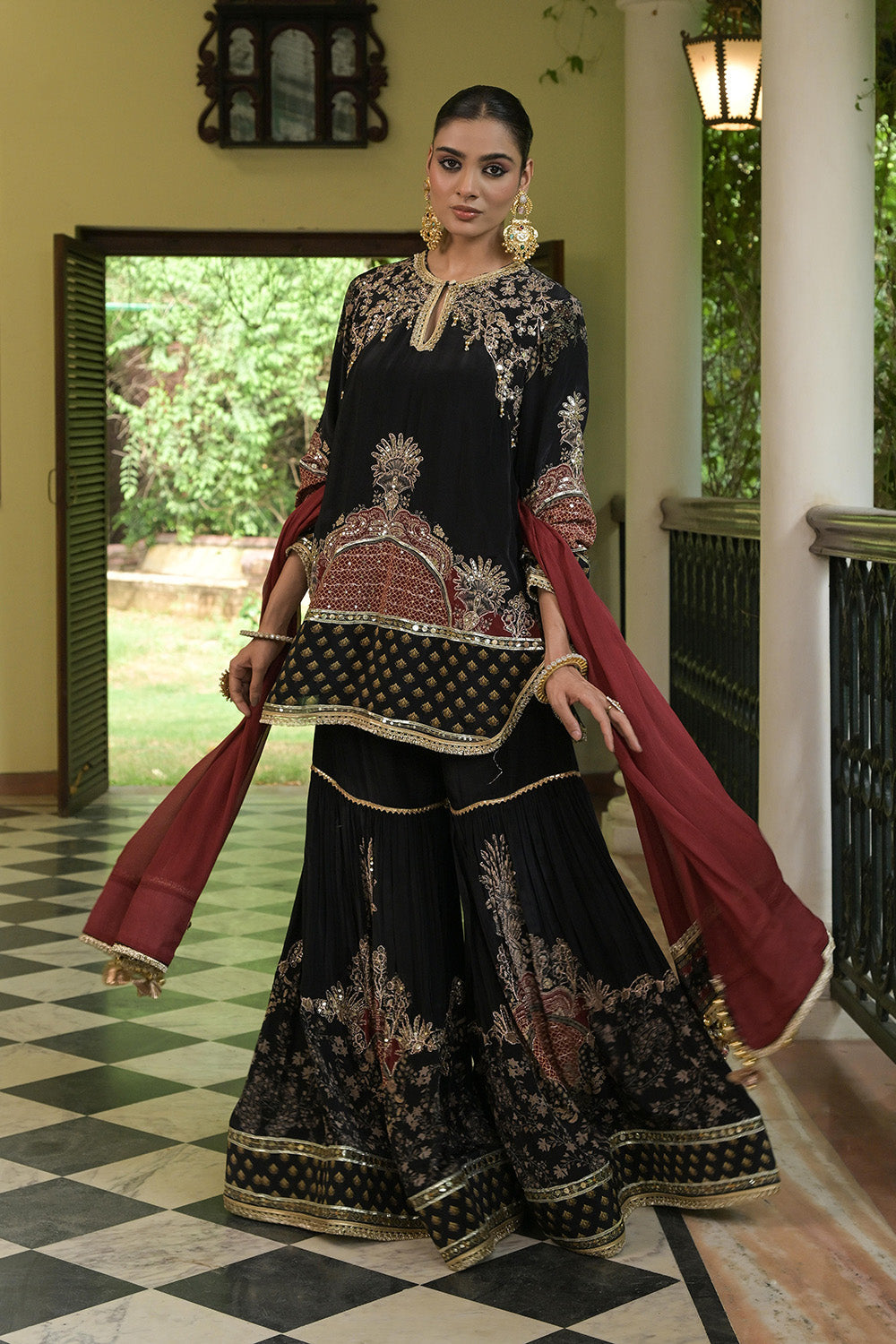 Black Crepe Sharara Suit With Maroon Embroidered Dupatta And Borders