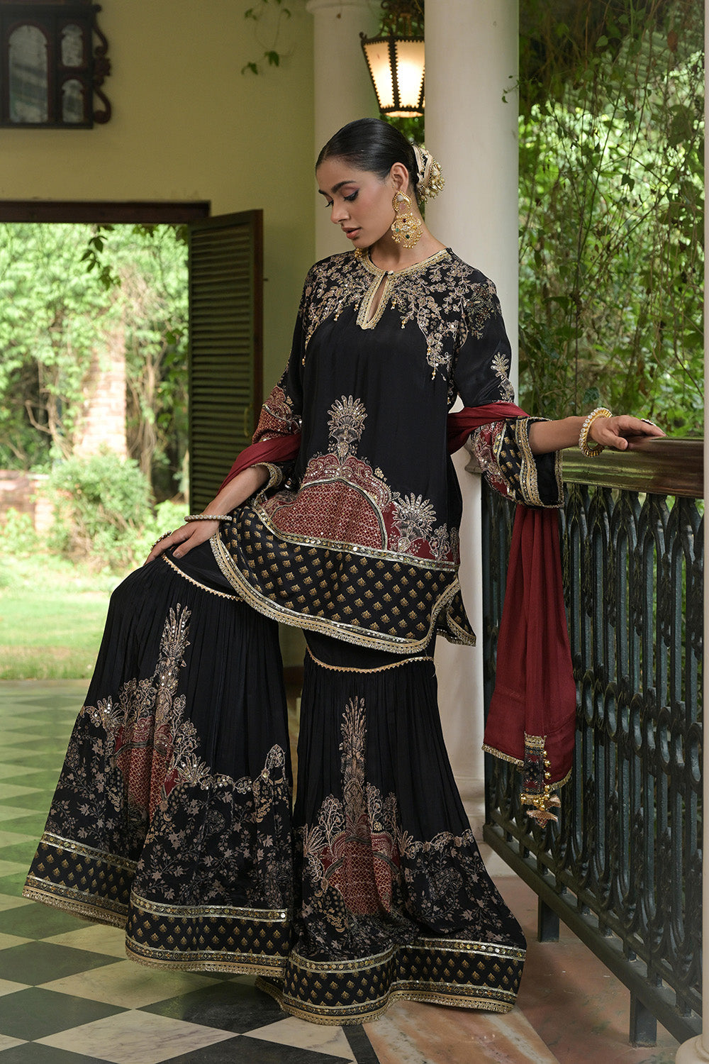 Black Crepe Sharara Suit With Maroon Embroidered Dupatta And Borders