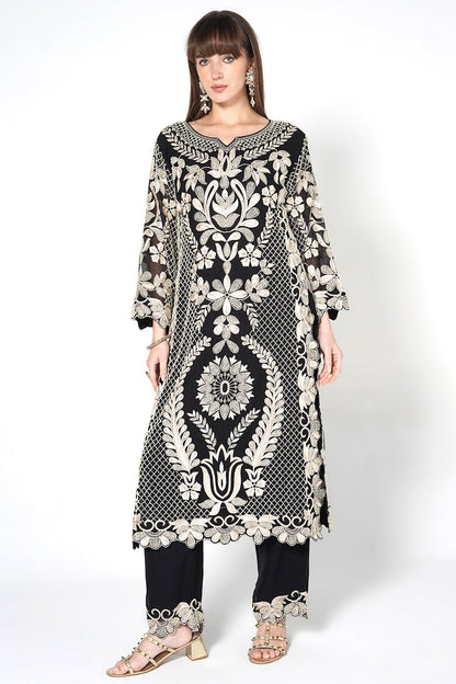 Black Georgette Heavily Embroidered Kurta Set With Scalloped Hem Detail