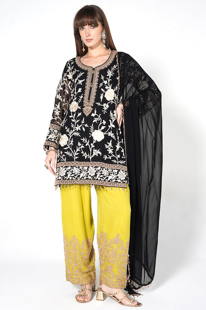 Black Georgette Kurta Set With Contrast Lime Green Embroidered Straight Pants