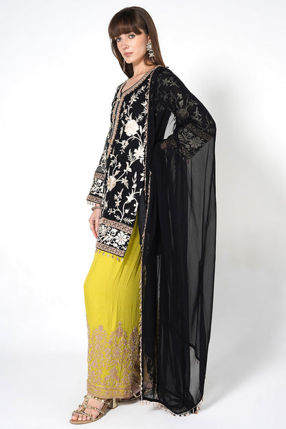Black Georgette Kurta Set With Contrast Lime Green Embroidered Straight Pants
