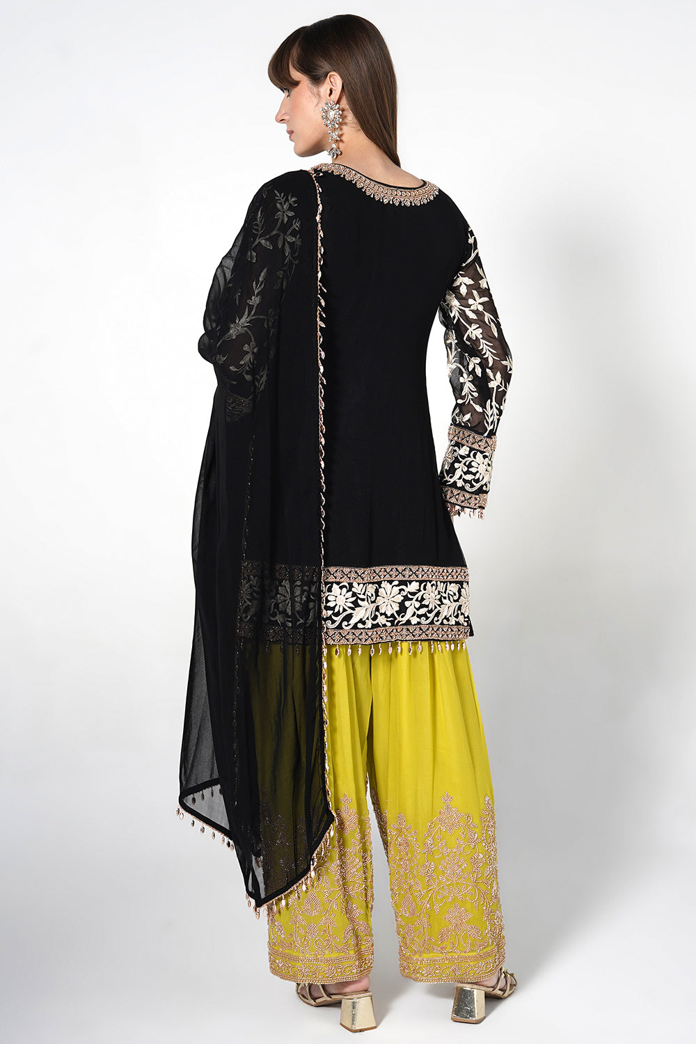 Black Georgette Kurta Set With Contrast Lime Green Embroidered Straight Pants