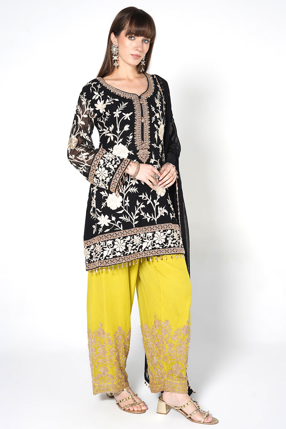 Black Georgette Kurta Set With Contrast Lime Green Embroidered Straight Pants