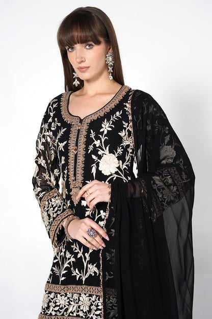 Black Georgette Kurta Set With Contrast Lime Green Embroidered Straight Pants