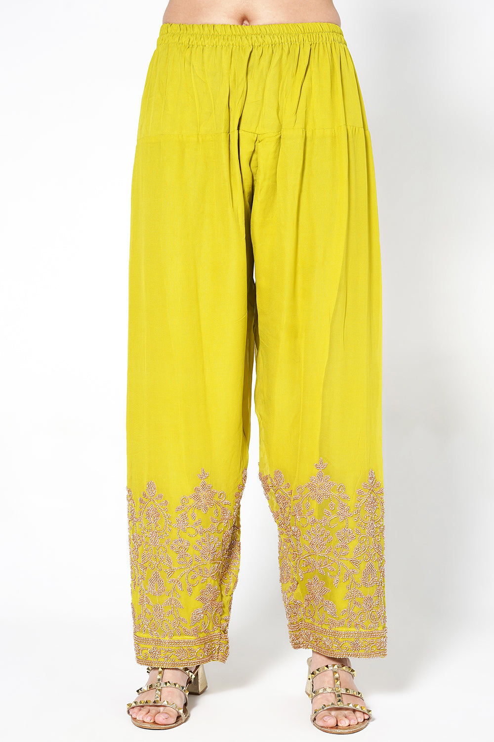 Black Georgette Kurta Set With Contrast Lime Green Embroidered Straight Pants