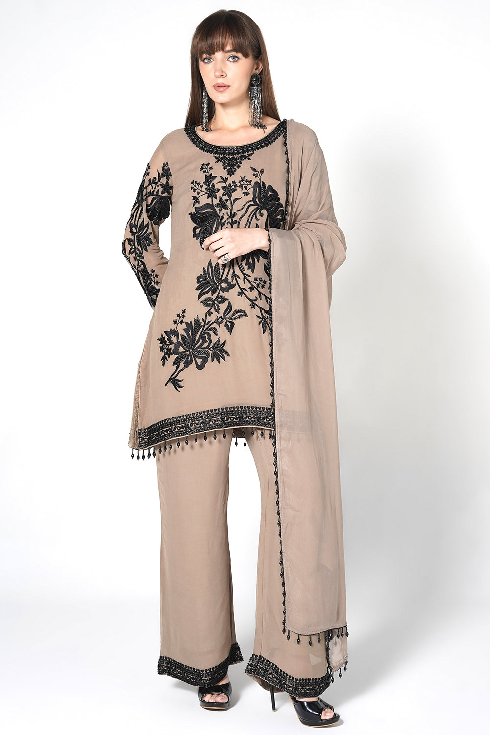 Black Georgette Kurta Set With Contrast White Embroidery And Matching Dupatta
