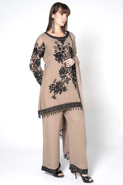 Black Georgette Kurta Set With Contrast White Embroidery And Matching Dupatta