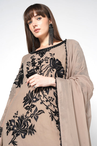 Black Georgette Kurta Set With Contrast White Embroidery And Matching Dupatta