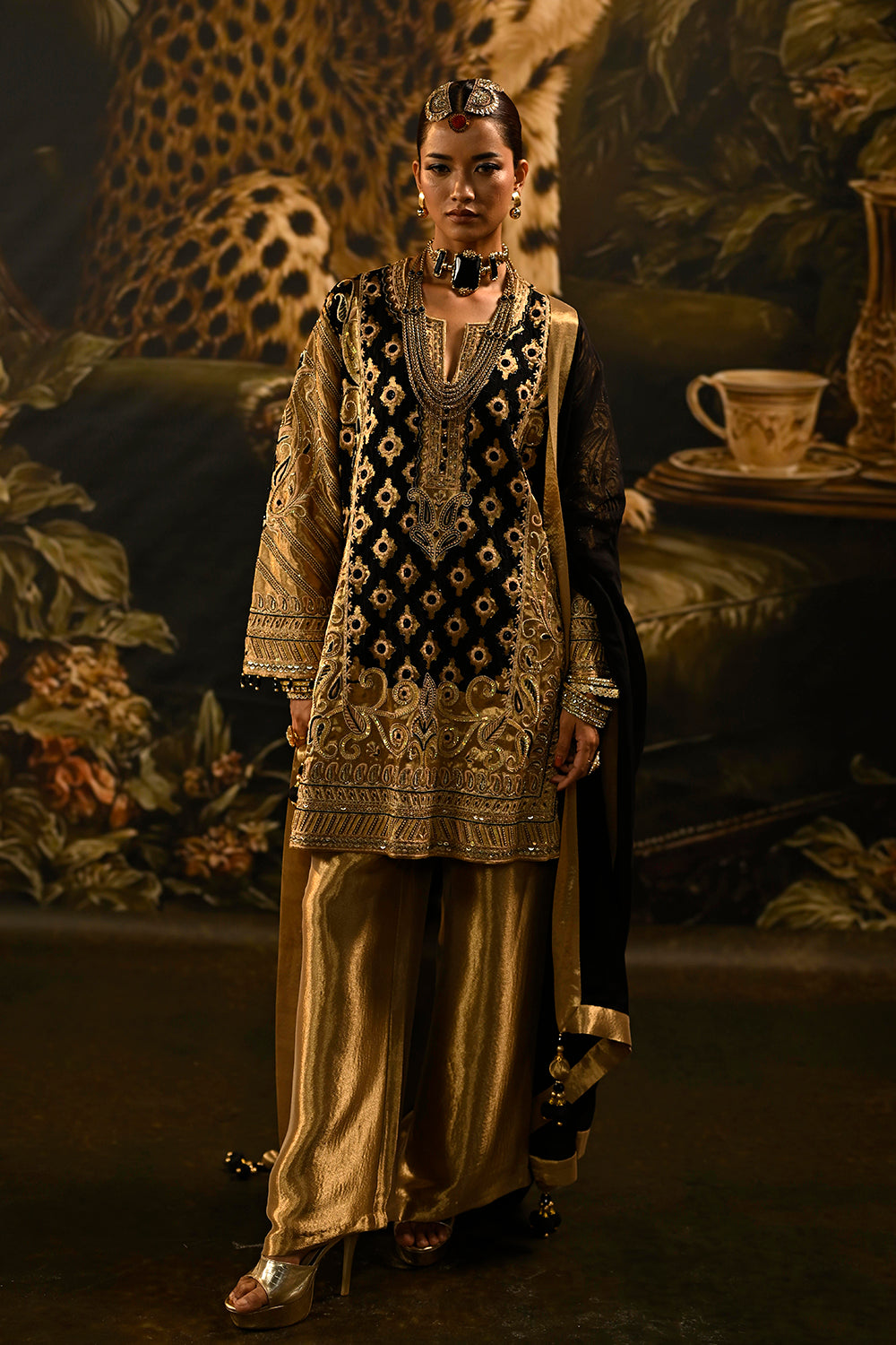 Black Gold Banarsi Silk Tissue Kurta Set With Brocade Detailing And Statement Dupatta