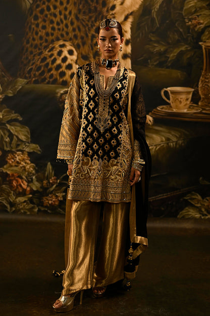 Black Gold Banarsi Silk Tissue Kurta Set With Brocade Detailing And Statement Dupatta