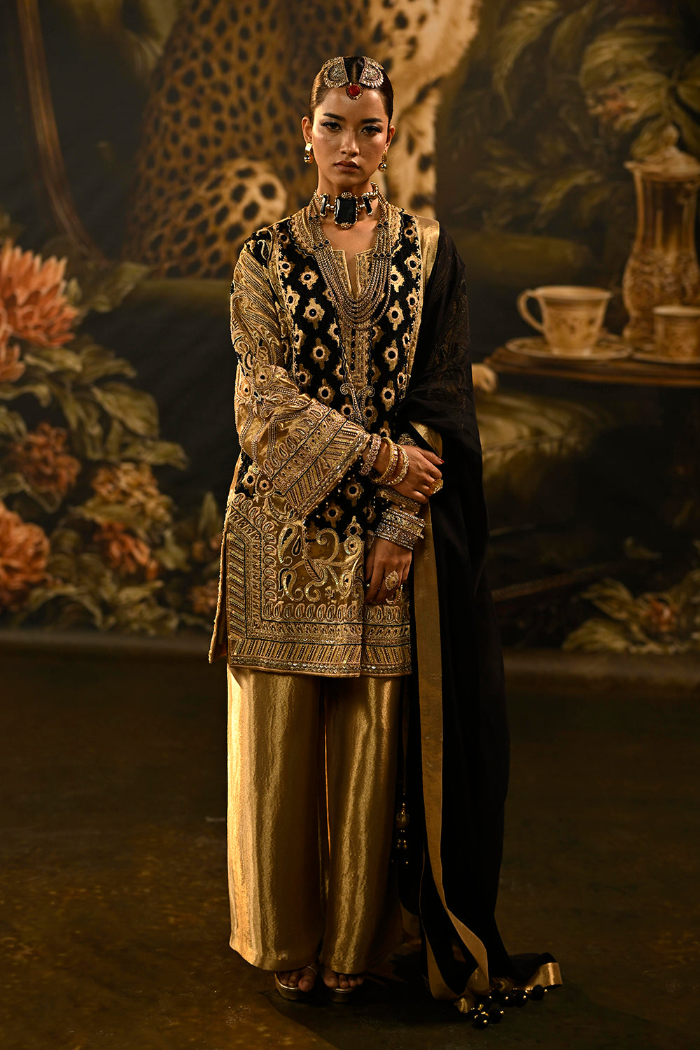 Black Gold Banarsi Silk Tissue Kurta Set With Brocade Detailing And Statement Dupatta