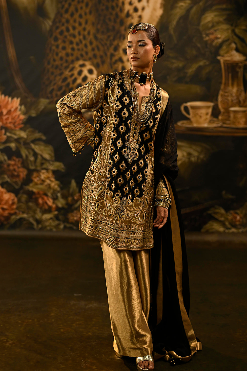 Black Gold Banarsi Silk Tissue Kurta Set With Brocade Detailing And Statement Dupatta