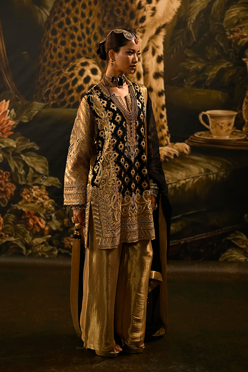 Black Gold Banarsi Silk Tissue Kurta Set With Brocade Detailing And Statement Dupatta
