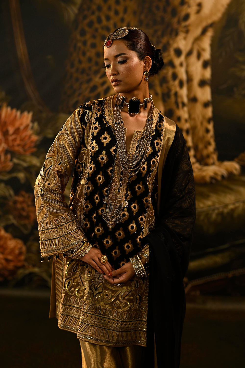 Black Gold Banarsi Silk Tissue Kurta Set With Brocade Detailing And Statement Dupatta
