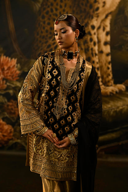Black Gold Banarsi Silk Tissue Kurta Set With Brocade Detailing And Statement Dupatta