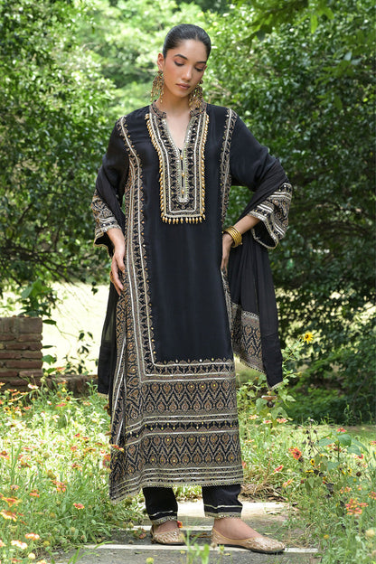 Black Solid Crepe A Line Long Suit With Printed Detailing