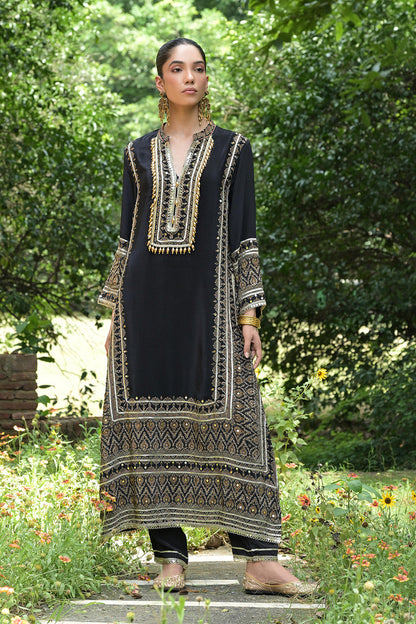 Black Solid Crepe A Line Long Suit With Printed Detailing