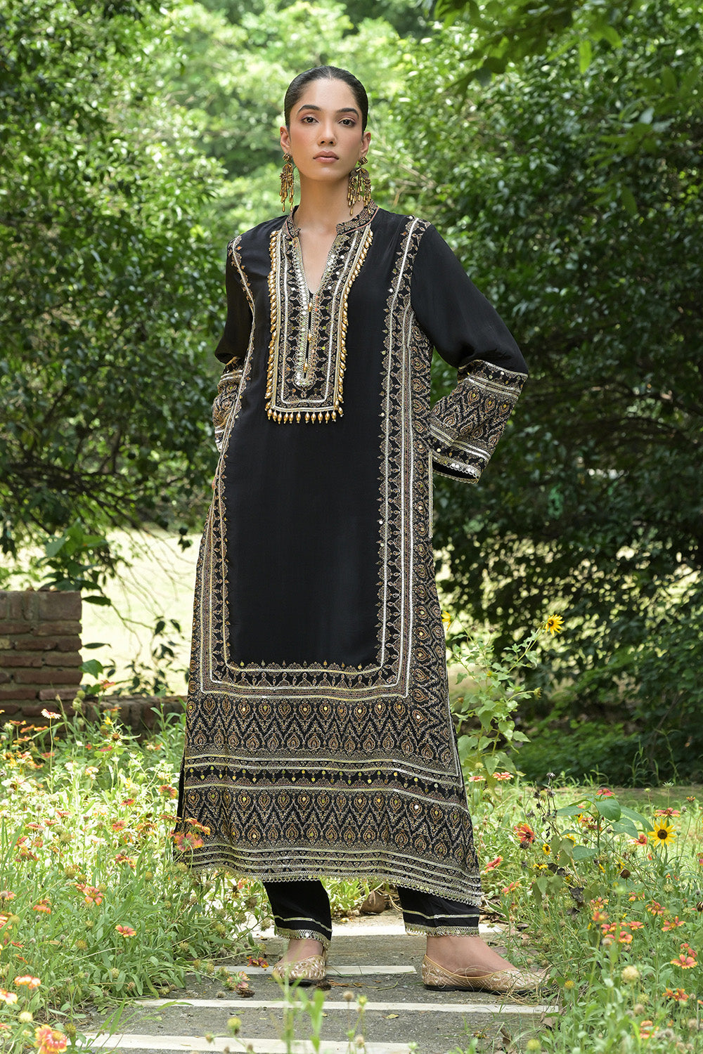 Black Solid Crepe A Line Long Suit With Printed Detailing