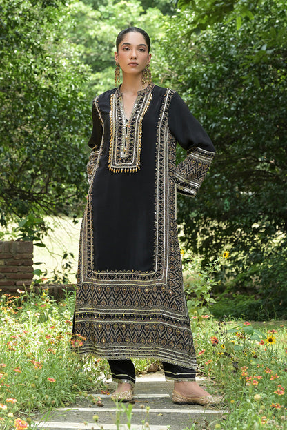 Black Solid Crepe A Line Long Suit With Printed Detailing