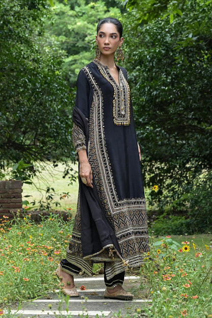Black Solid Crepe A Line Long Suit With Printed Detailing