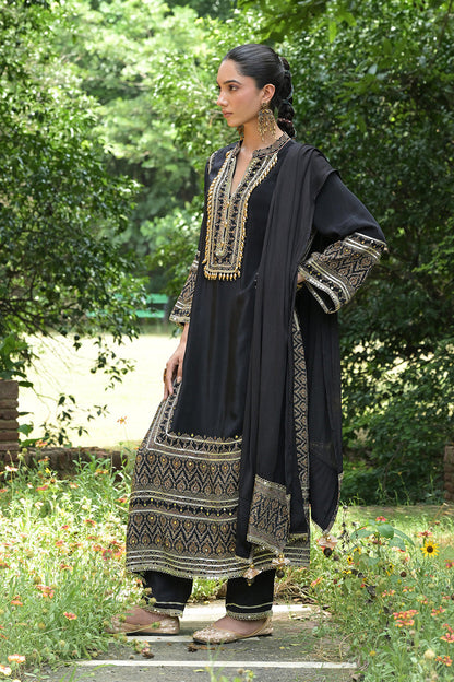 Black Solid Crepe A Line Long Suit With Printed Detailing