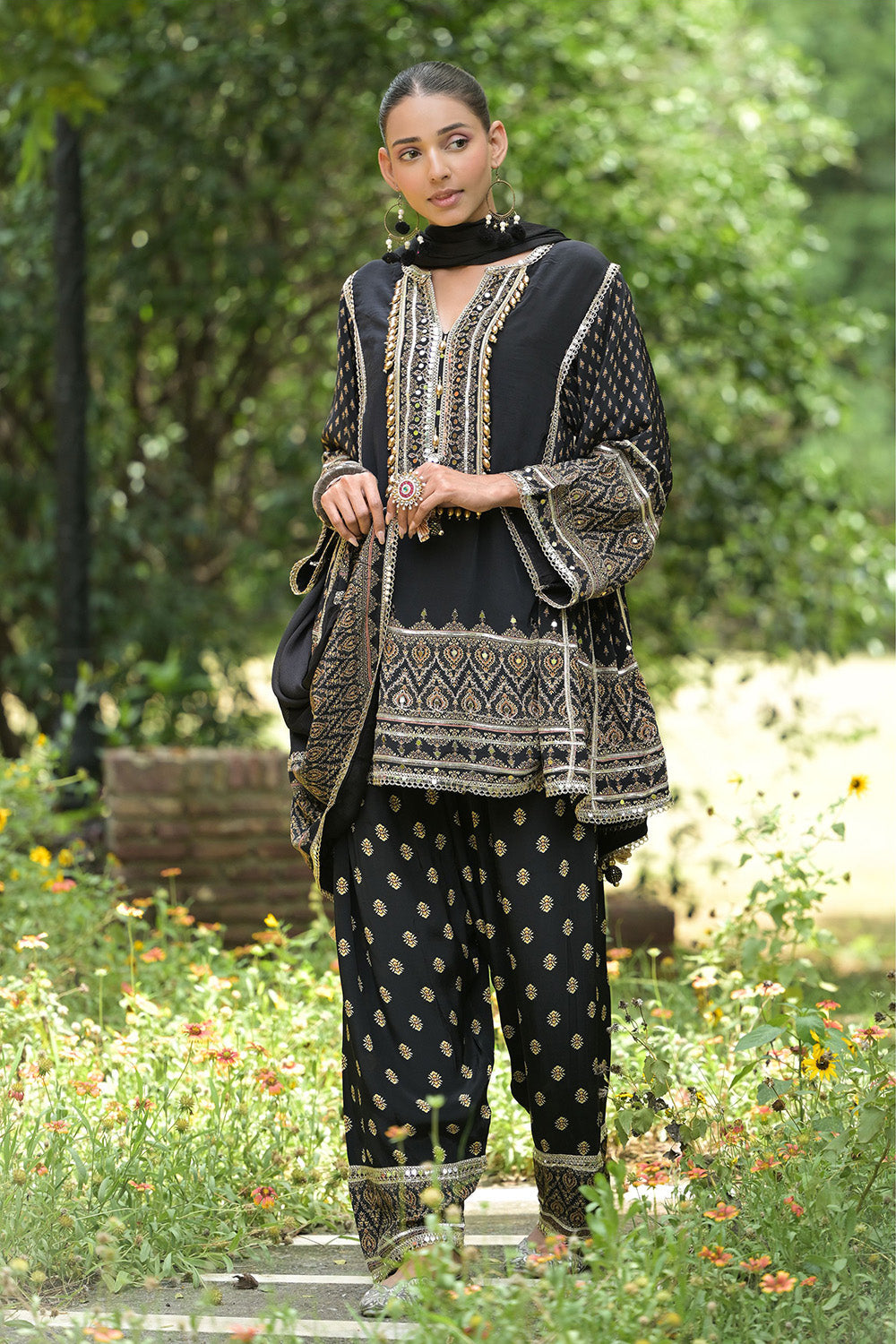 Black Solid Crepe Short Kurti With Farshi Pant And Dupatta