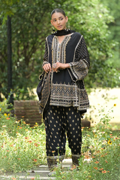 Black Solid Crepe Short Kurti With Farshi Pant And Dupatta
