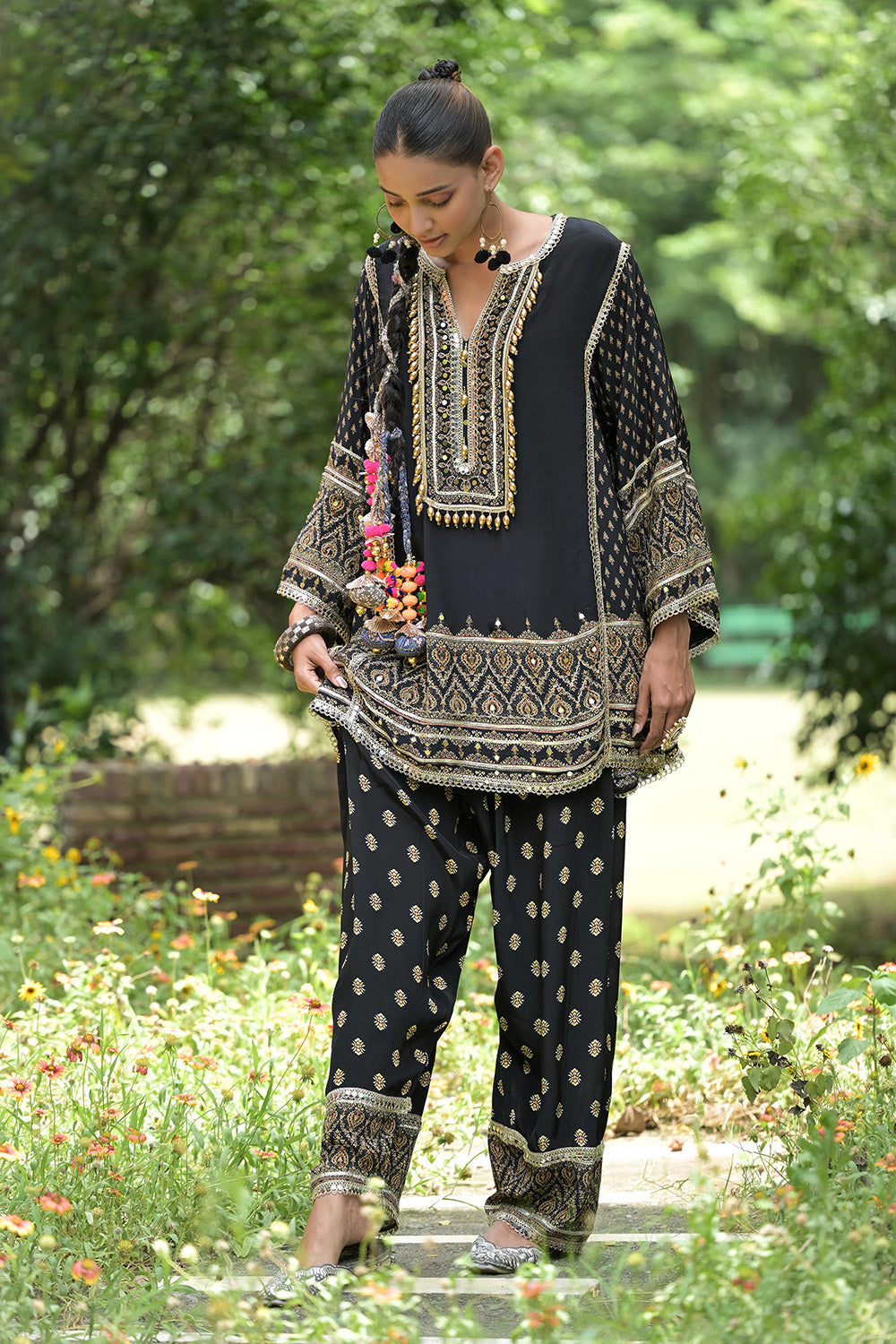 Black Solid Crepe Short Kurti With Farshi Pant And Dupatta