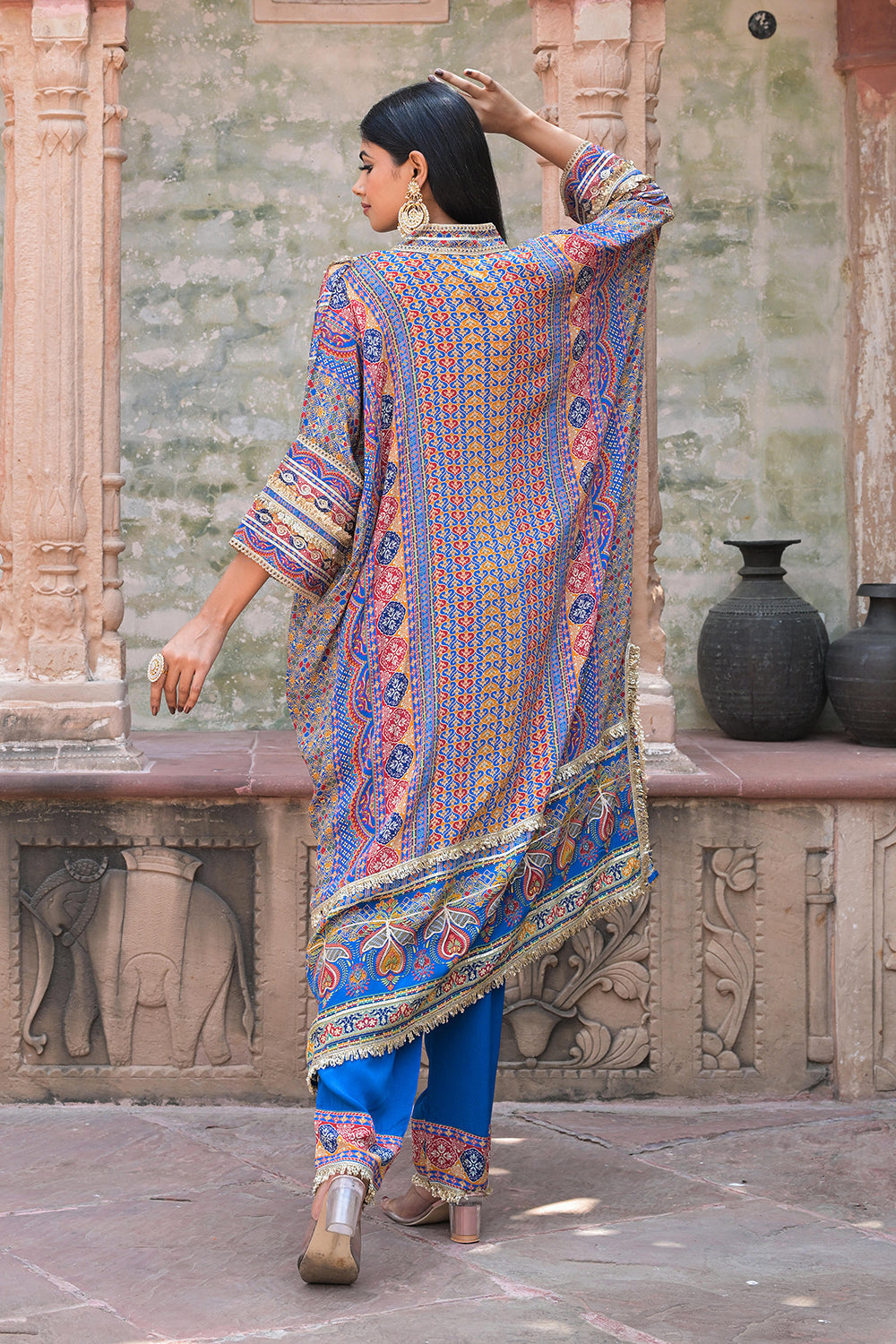 Blue Crepe Kaftan Pant Set Festive Indian Designer Wear