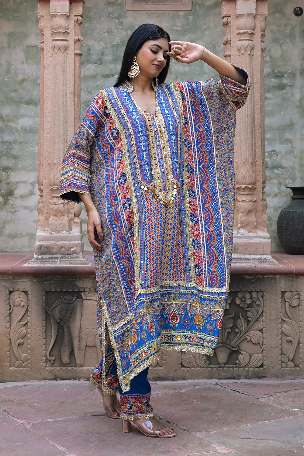Blue Crepe Kaftan Pant Set Festive Indian Designer Wear