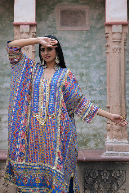 Blue Crepe Kaftan Pant Set Festive Indian Designer Wear