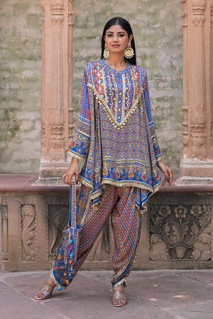 Blue Viscose Crepe Suit Set with Tulip Pants – Festive Chic