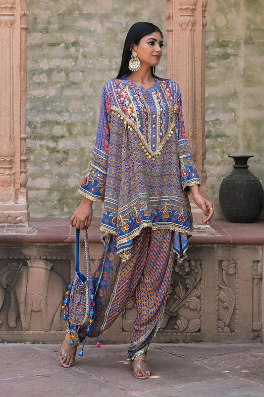 Blue Viscose Crepe Suit Set with Tulip Pants – Festive Chic