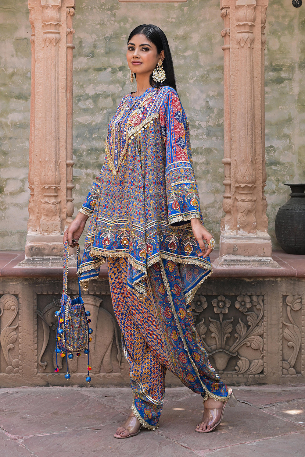 Blue Viscose Crepe Suit Set with Tulip Pants – Festive Chic