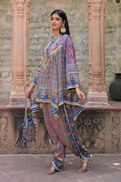 Blue Viscose Crepe Suit Set with Tulip Pants – Festive Chic