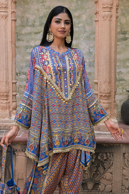 Blue Viscose Crepe Suit Set with Tulip Pants – Festive Chic