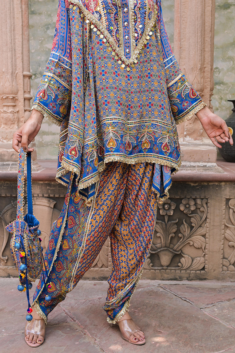 Blue Viscose Crepe Suit Set with Tulip Pants – Festive Chic