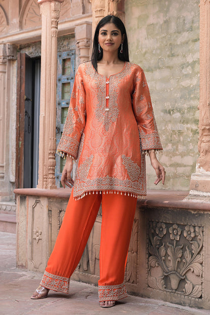 Bright Orange Brocade Kurti Pant Set Stylish Ethnic Look