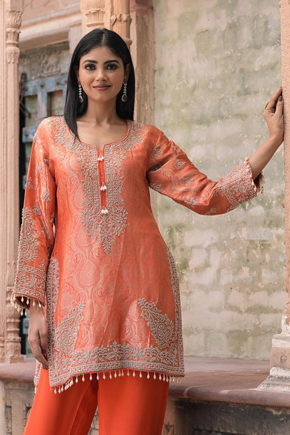 Bright Orange Brocade Kurti Pant Set Stylish Ethnic Look