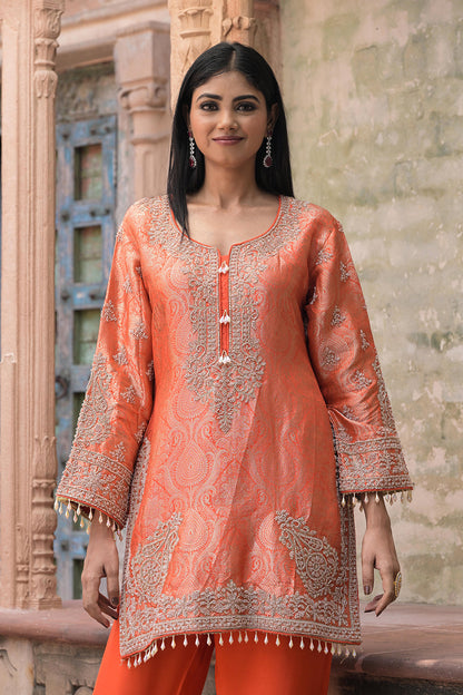 Bright Orange Brocade Kurti Pant Set Stylish Ethnic Look