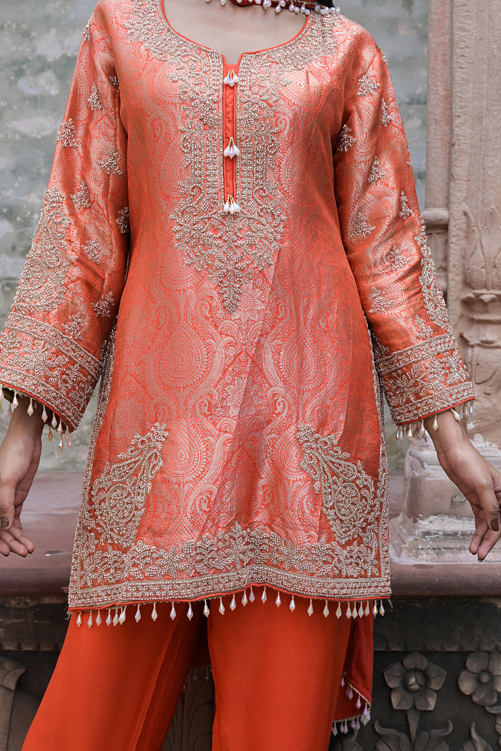 Bright Orange Brocade Kurti Pant Set Stylish Ethnic Look
