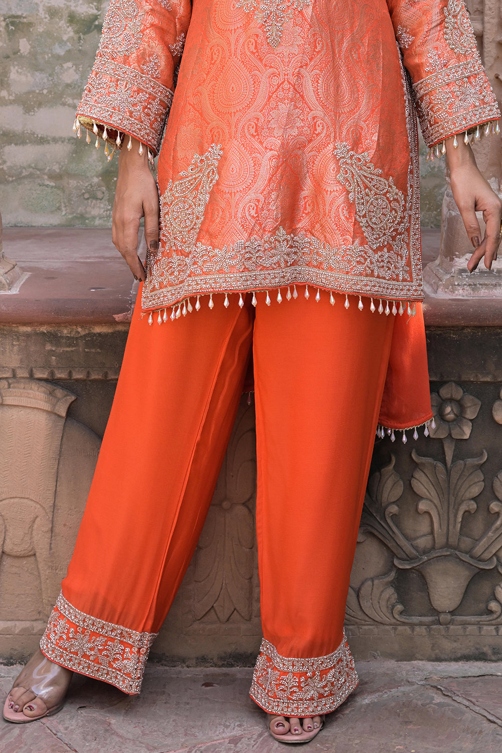 Bright Orange Brocade Kurti Pant Set Stylish Ethnic Look