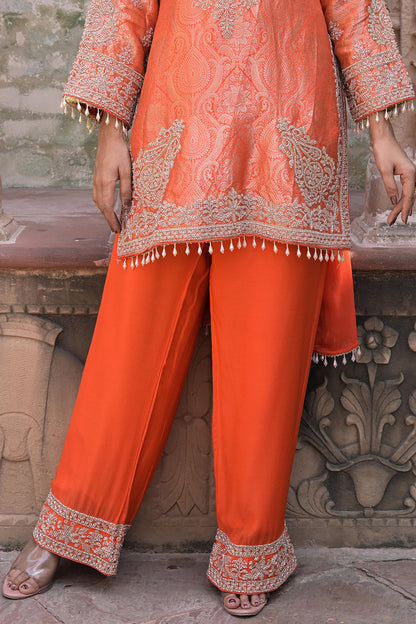 Bright Orange Brocade Kurti Pant Set Stylish Ethnic Look