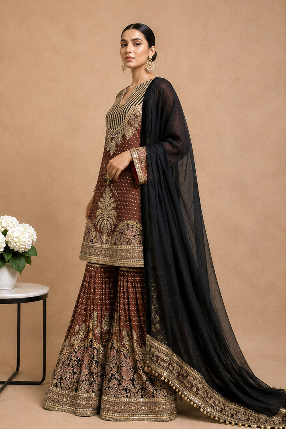 Brown Crepe Sharara Suit With Black Embroidered Dupatta And Detailing
