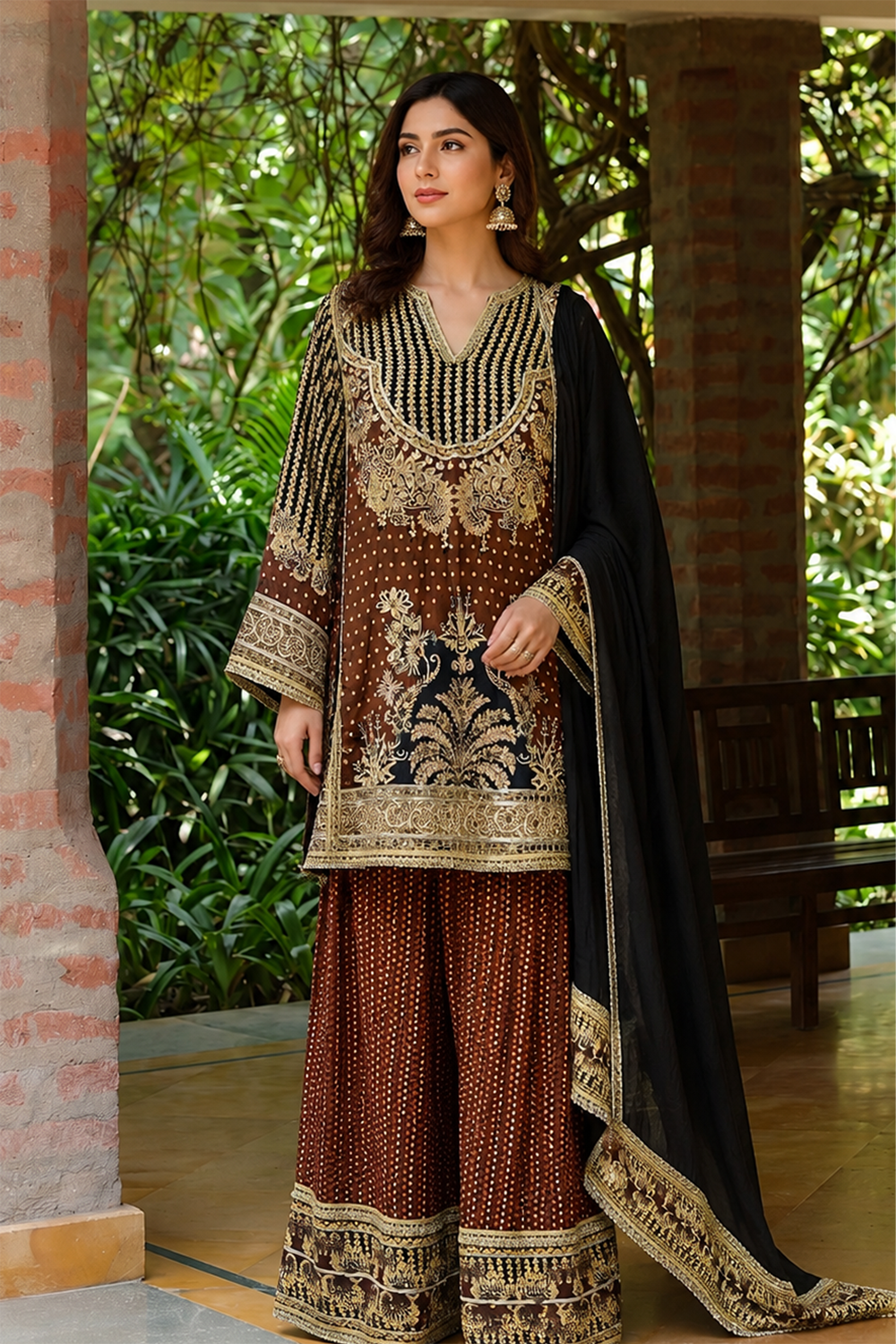Brown Crepe Short Kurta With Printed Farshi Pants Black Dupatta