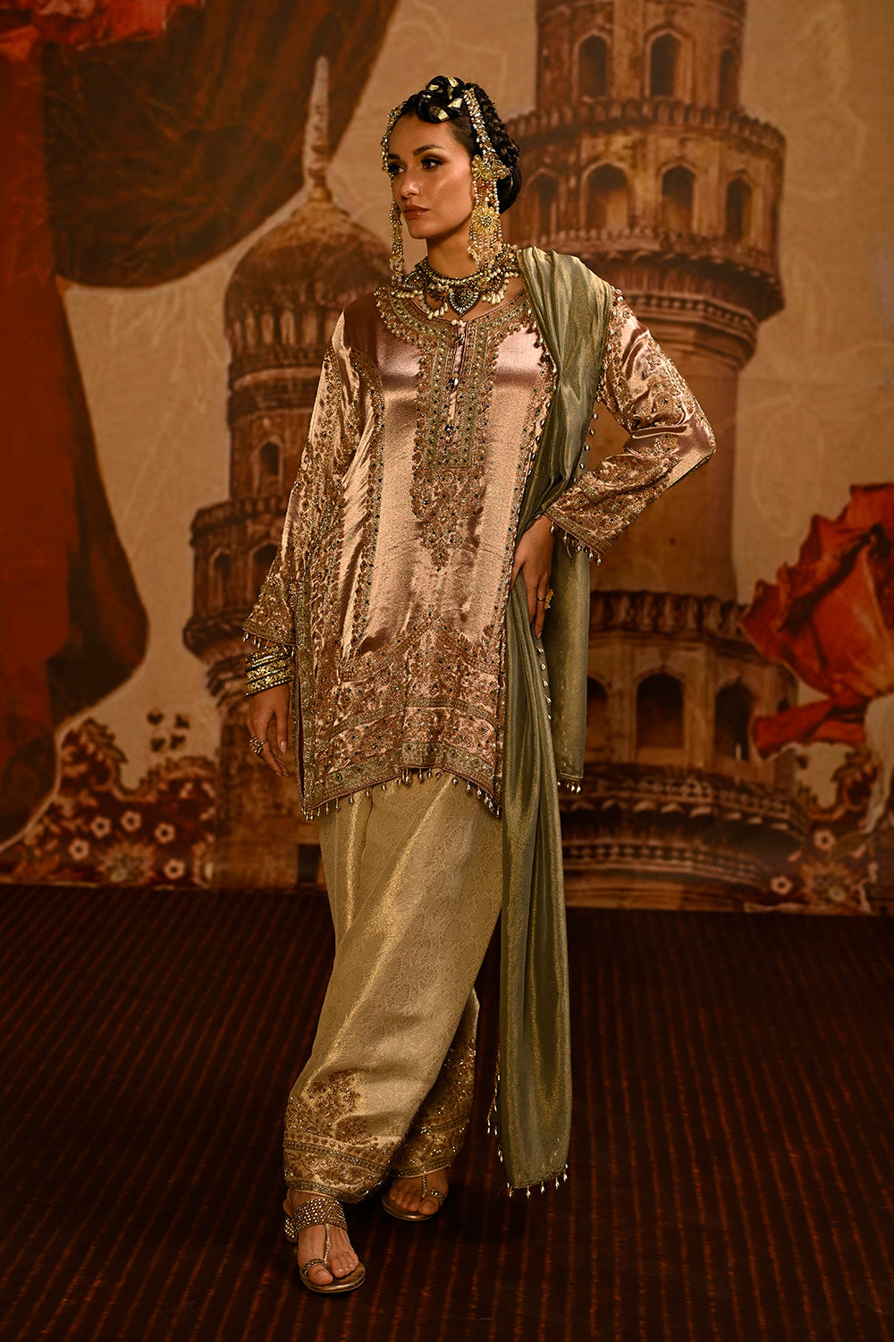 Champagne Banarsi Silk Tissue Kurta Set With Embroidered Front And Sage Green Dupatta