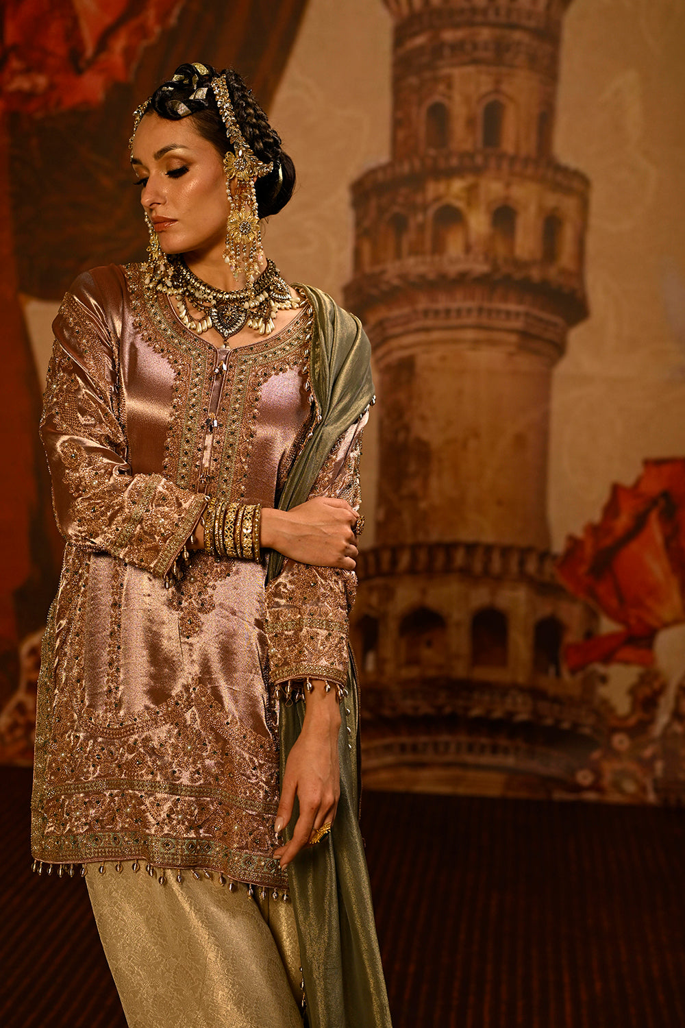 Champagne Banarsi Silk Tissue Kurta Set With Embroidered Front And Sage Green Dupatta