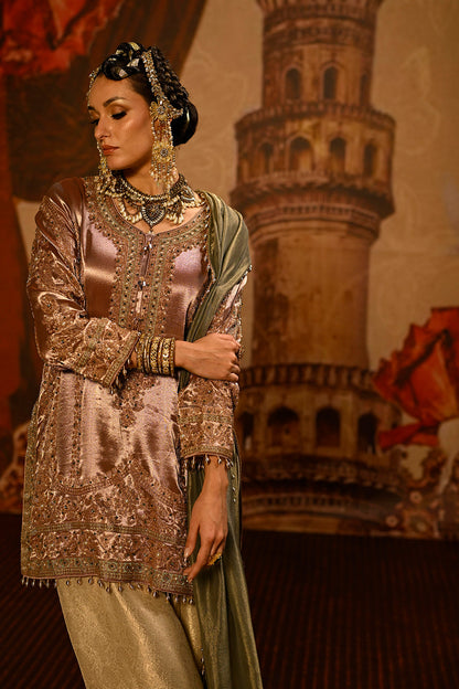Champagne Banarsi Silk Tissue Kurta Set With Embroidered Front And Sage Green Dupatta